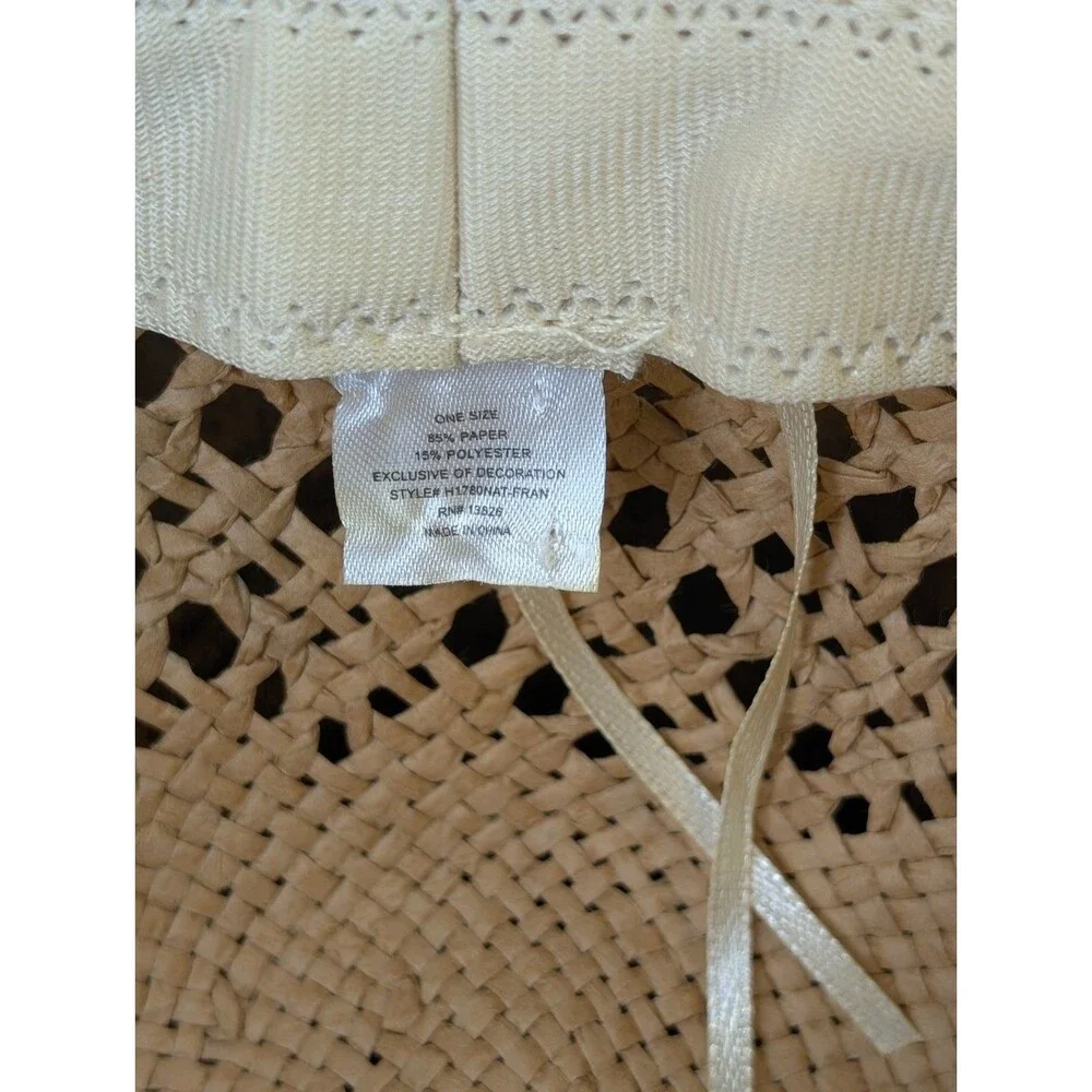 Marcus Adler Wide Brim Straw Sun Hat Open Weave Floppy Beach Boho Bow Tan OS EUC
